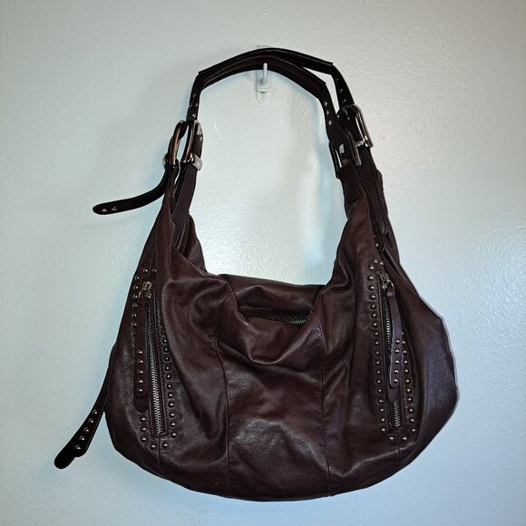 B. Makowsky Brown Leather Studded Large Hobo Shoulder Bag. - Picture 1 of 12